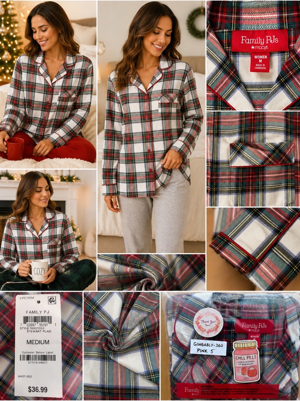 Family PJs Macy’s Pajama Top Women’s Medium Plaid NWT Stewart Cotton Christmas